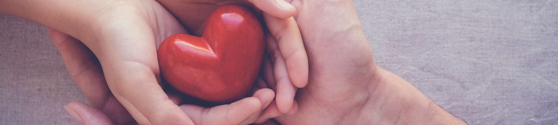 adult hands embracing hands of a child who is holding red heart